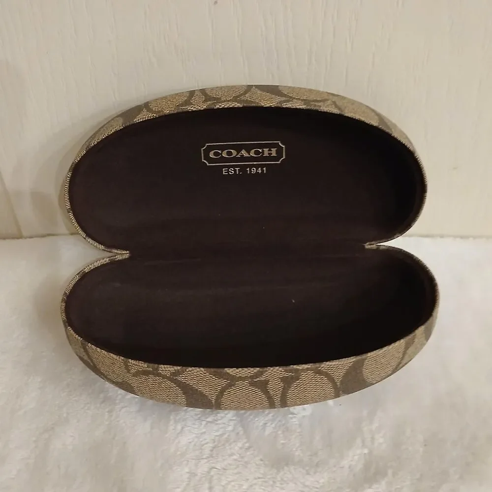 Coach clam-shell hard glasses case in brown and tan signature monogram canvas